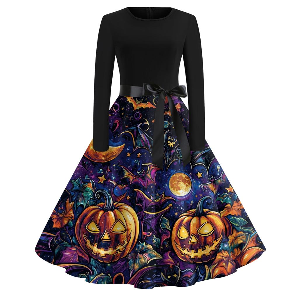 Women's Vintage Long Sleeve Round Neck Dress Halloween Printed Party Dress with Bow Waist Tie and Flared Skirt Suitable for Evening Events