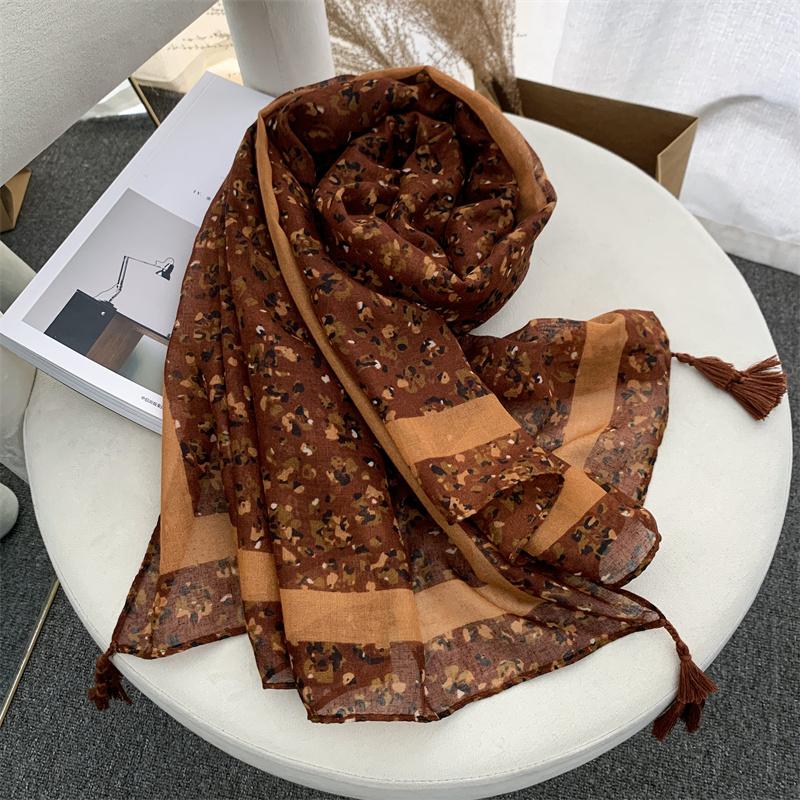 Хлопково-льняной шарф Однотонный Женский Литературная текстура Сложенная длина Весна Осень Зима Платки Тонкие Хворост Этнический