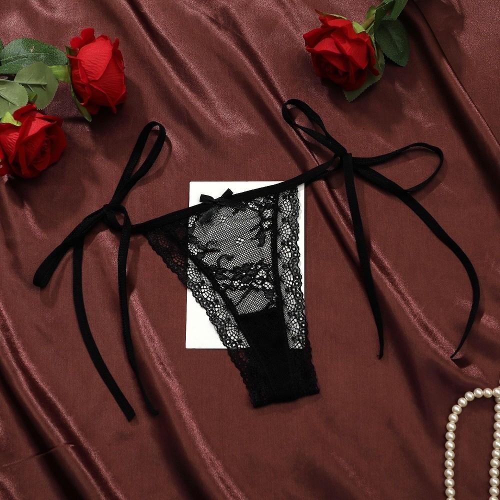 Adjustable Waist Strap Bow Lace Flower Transparent Briefs Low Waist Romantic T Panties Lady