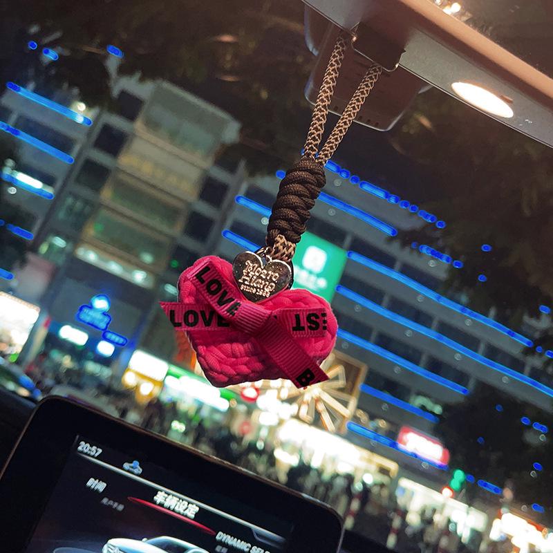 Hand-Knitted Rose Red Heart Rearview Mirror Ornament - Cute Wool Pendant for Car Interior