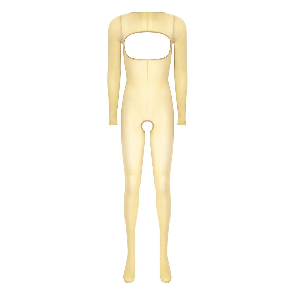 Damska błyszcząca prześwitująca body-pończocha z długim rękawem, otwarta w kroku i na biuście