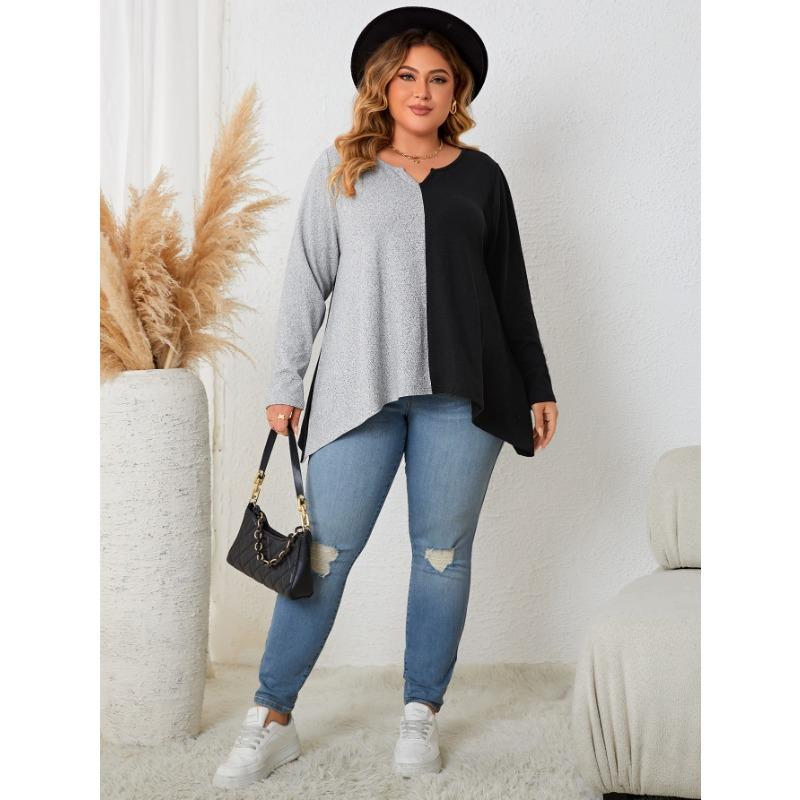 Plus Size Women S Color Block Crew Neck Long Sleeve Loose Fit Top