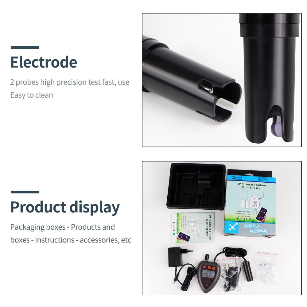 Tuya WiFi 5 In 1 Water Quality Monitor Salt/PH/EC/TDS/S.G/Temperature Tester PH Meter Aquaculture Swimming Pool Water Analyzer