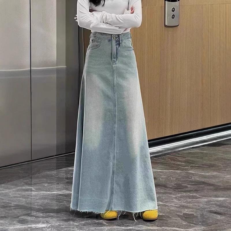 

2025 Korean Retro High Waist A-line Denim Skirt - Mid-length, Raw Hem, Sweet & Spicy Style for Women XXXL