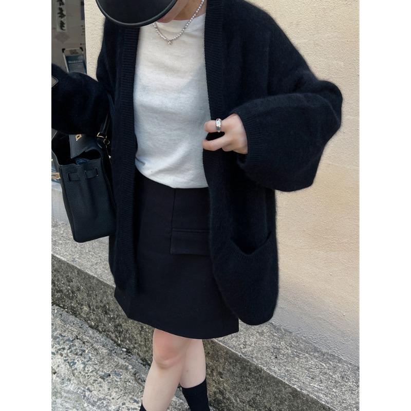 Medium and long lazy sweater jacket autumn and winter new solid color loose large size knitted cardigan women