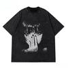 Hip Hop Men Washed Graphic Print T‑shirt Harajuku Streetwear Summer Black Short Sleeve Cotton Unisex Casual Tops