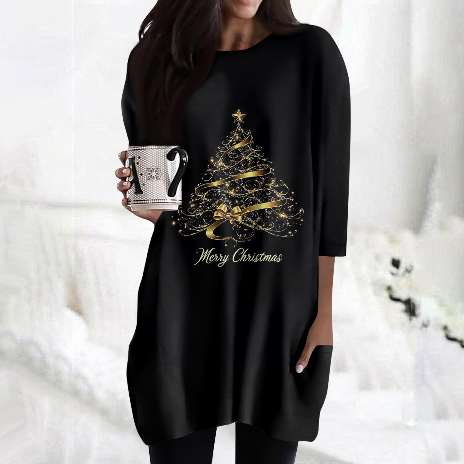 

Женские повседневные рубашки с рукавами 3/4, модные рождественские принты, туники, топы с карманами XL золотой
