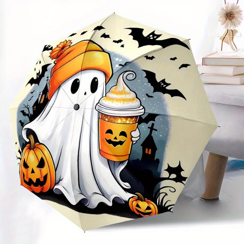 1pc Halloween Cute Ghost Pattern Automatic 3-Fold Umbrella, 8 Steel Frames, High-Value Folding Umbrella, Suitable for Office, Travel and Outdoor