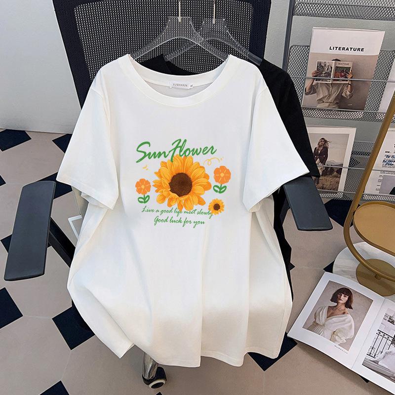 

Plus Size Slimming Loose Mid-Length Round Neck T-Shirt for Women (200/300/350 Jin) 6XL білий