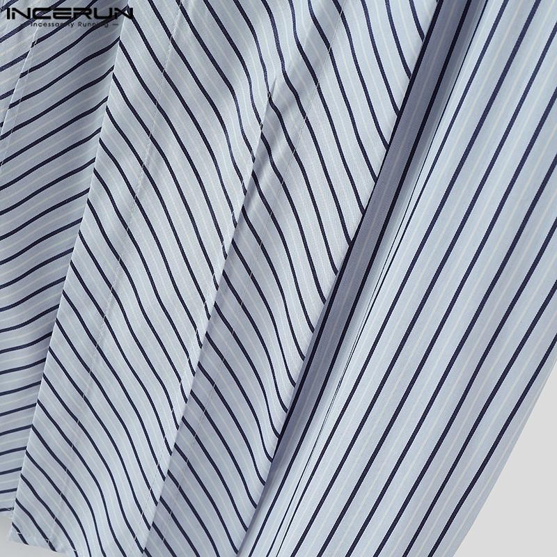 INCERUN Oversized Men Lapel Neck Short Sleeve Striped Print Pleating Shirts Tops