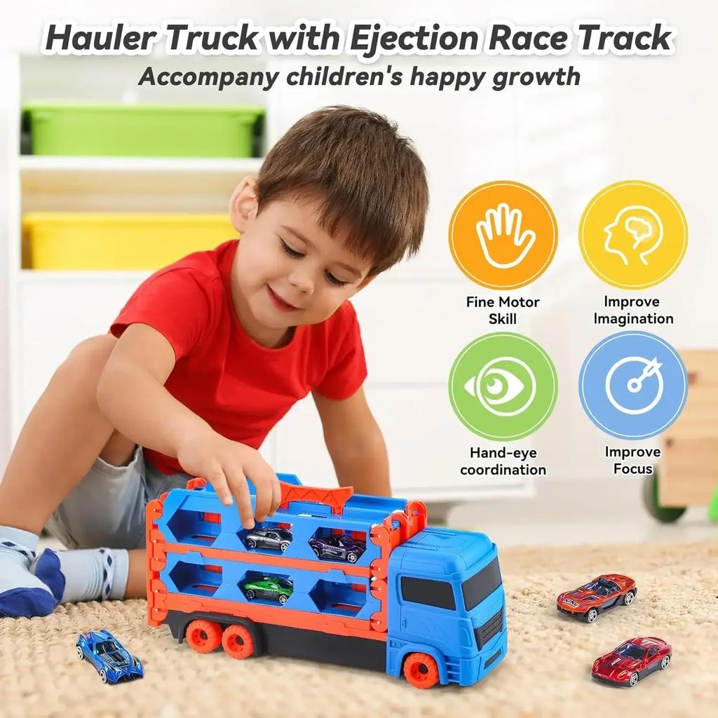 Transport Truck Toy 65-Inch Foldable Toddler Car Carrier for Boy Girl 9 in 1 Race Track and Die-Cast Truck Race Car Gift Vehicle