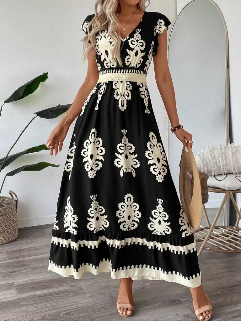 2025 European and American V-neck Waist-Cinching Summer Print Long Dress for Women