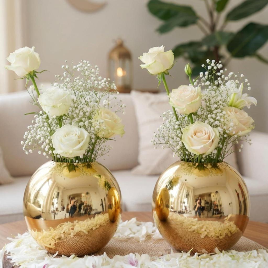 Metal Ball Round Metal Vase Set of 2 for Home Décor Decorative Flower Pot for Valentine’s Day
