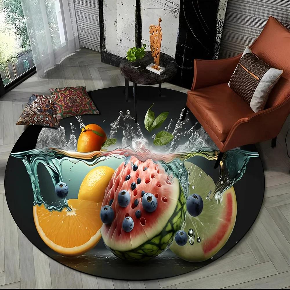 3D Niedlicher Tropenfrucht-Druck Runder Teppich Cartoon Früchte Teppich für Wohnzimmer Schlafzimmer Spielzimmer Badezimmer Dekor Rutschfeste Bodenmatte