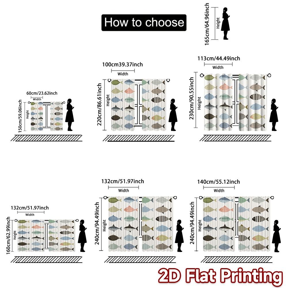 2D FLAT PRINTING 2pcs Curtains (Without Rod) Colorful Fish Rows Fashionable Modern Curtains Machine Washable Fabric Curtains