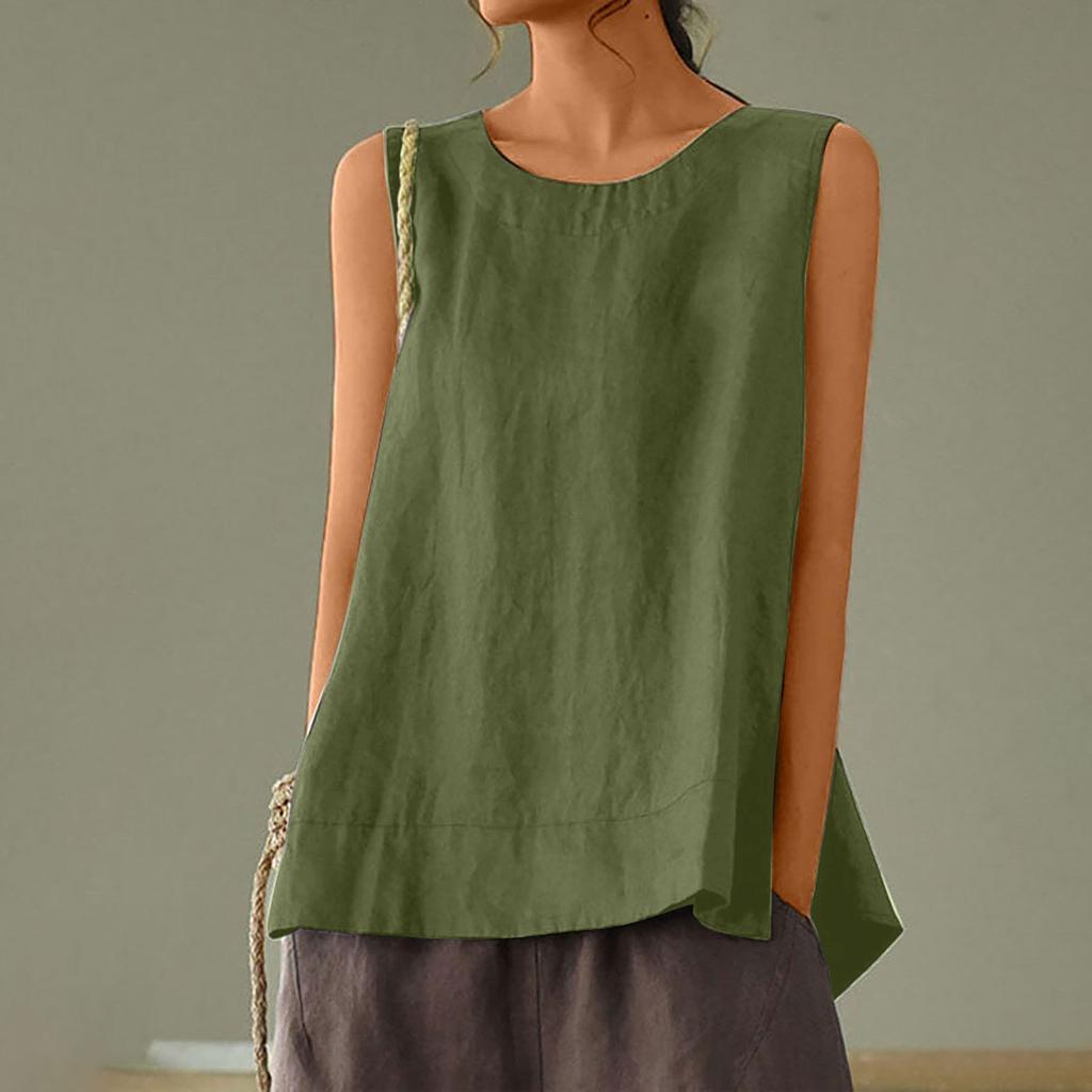 Female Summer Oversized Solid Color Retro Casual Cotton Linen Solid Color Sleeveless Round Neck Soft and Breathable Top Vest