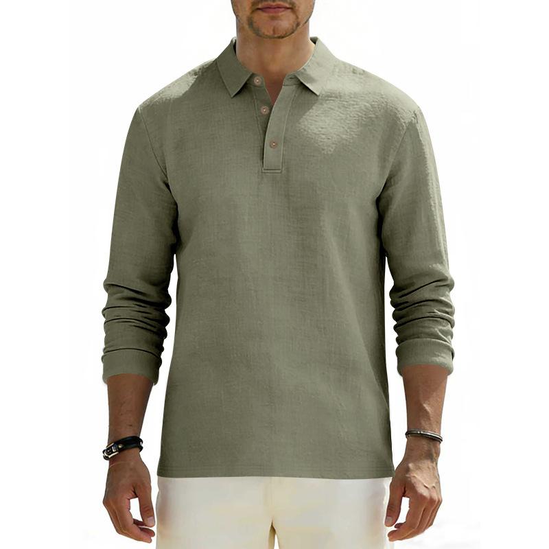 Spring Loose-Fit Solid-Colour Collared Casual Business Men's Long-Sleeved Linen Polo Shirt