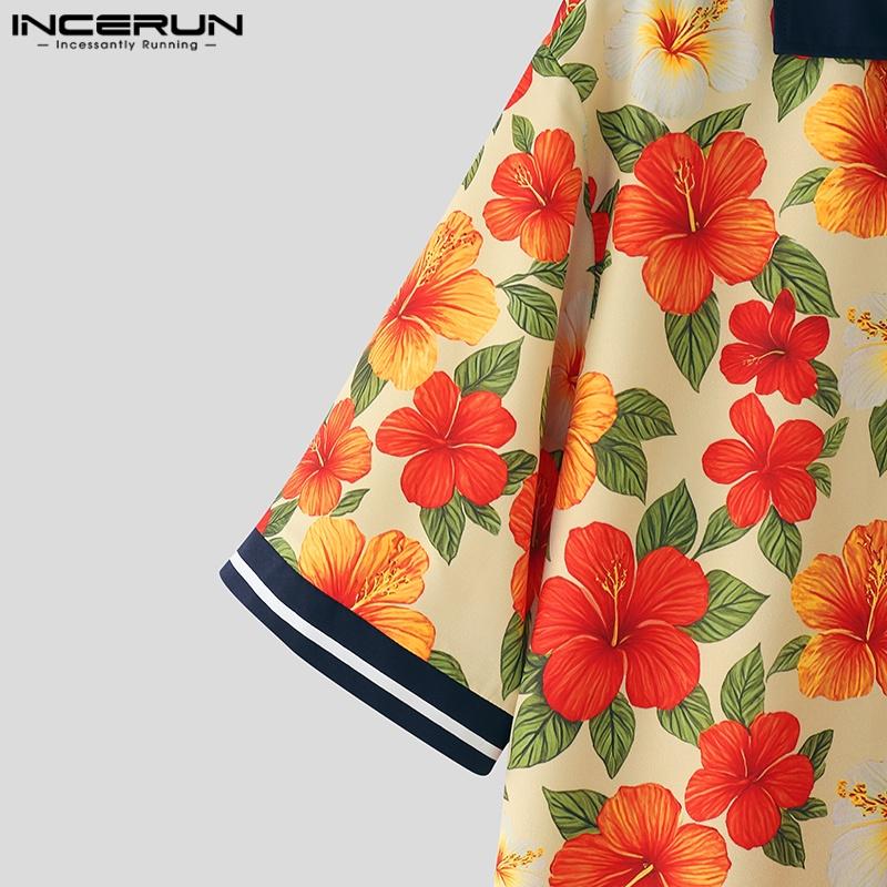 INCERUN Summer Men Lapel Neck Short Sleeve Floral Print Stitching Casual Oversized Hawaiian Shirts