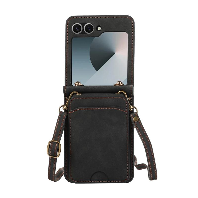Leather Wallet Card Holder Case for Samsung Galaxy Z Flip 7 6 5 4 3 ZFlip Flip6 Flip5 Flip7 with Crossbody Lanyard Bag Cover