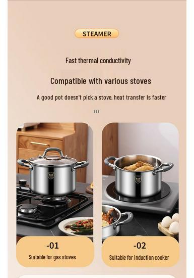 Extra-High 316L Stainless Steel Steamer Pot, Rivet-Free, Anti-Scald, Large Capacity for Porridge/Soup