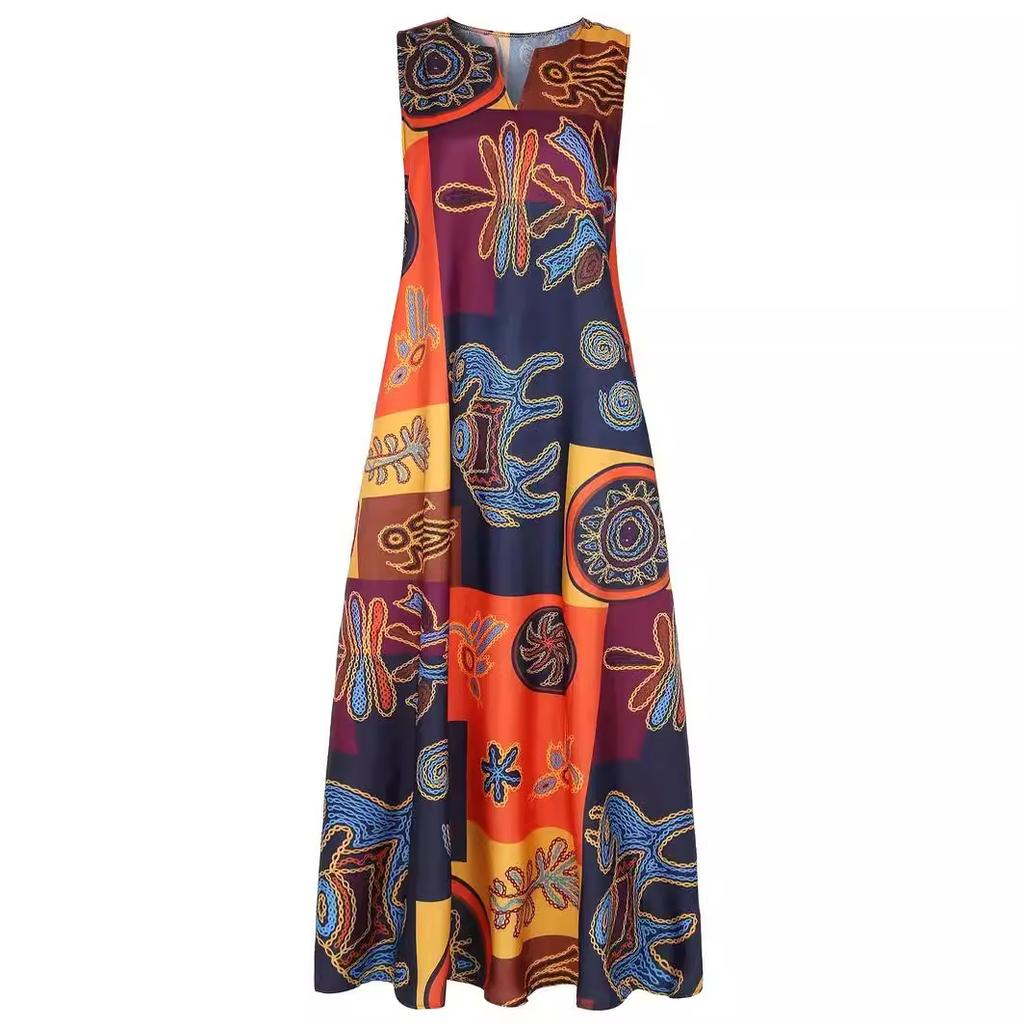 Vintage Druck Langkleid für Damen V-Ausschnitt Ärmellos Hohe Taille Maxikleid mit Tasche Sommer Atmungsaktiv Leichtes Weiches Kleid Urlaubs-Arbeitskleid