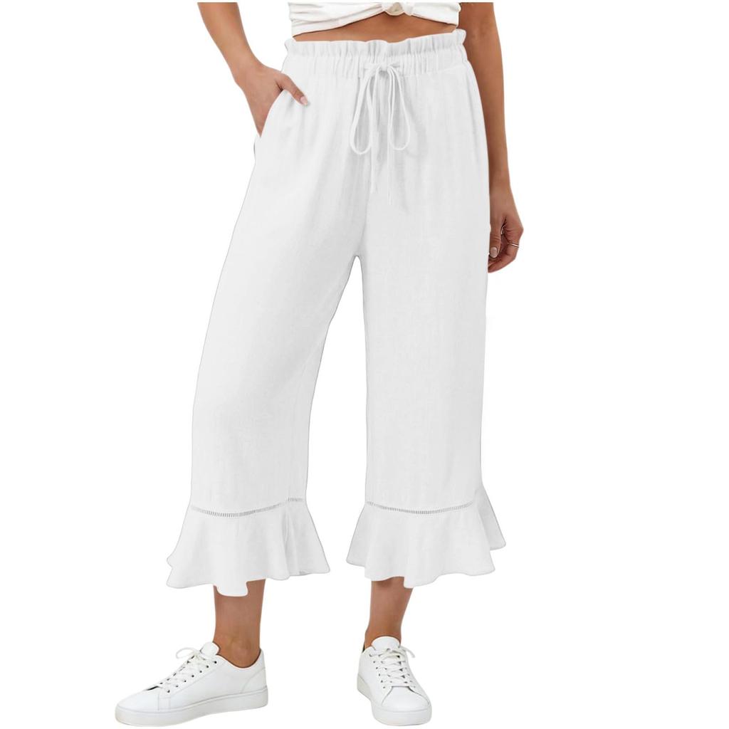 Women's Casual Cotton Linen Drawstring Elastic Waist Pants with Pockets and Ruffle Hem for Summer
