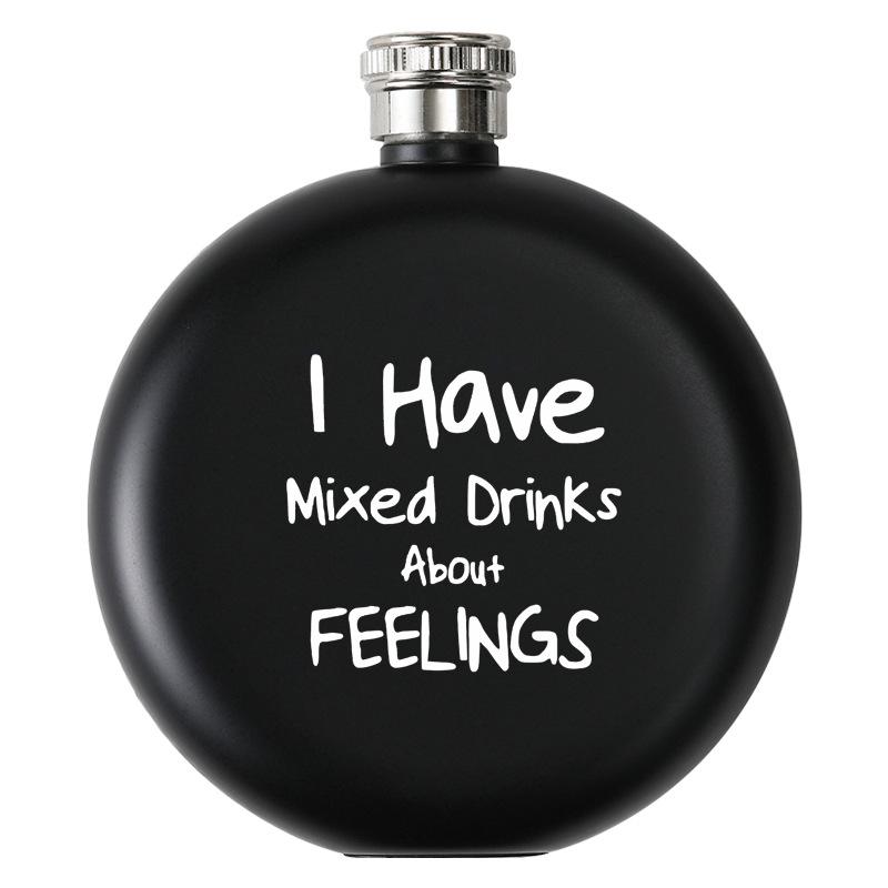 Black Stainless Steel Hip Flask Portable 5oz Round Wine Pot Laser Print Business Gift