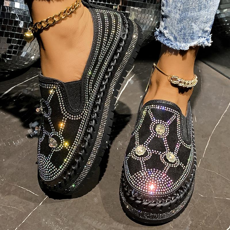 Fashion Large Shiny Crystal Decor Casual Shoes Woman Plus Size Thick Sole Non Slip Flats Mujer Women's Light Comfort Platform Loafers