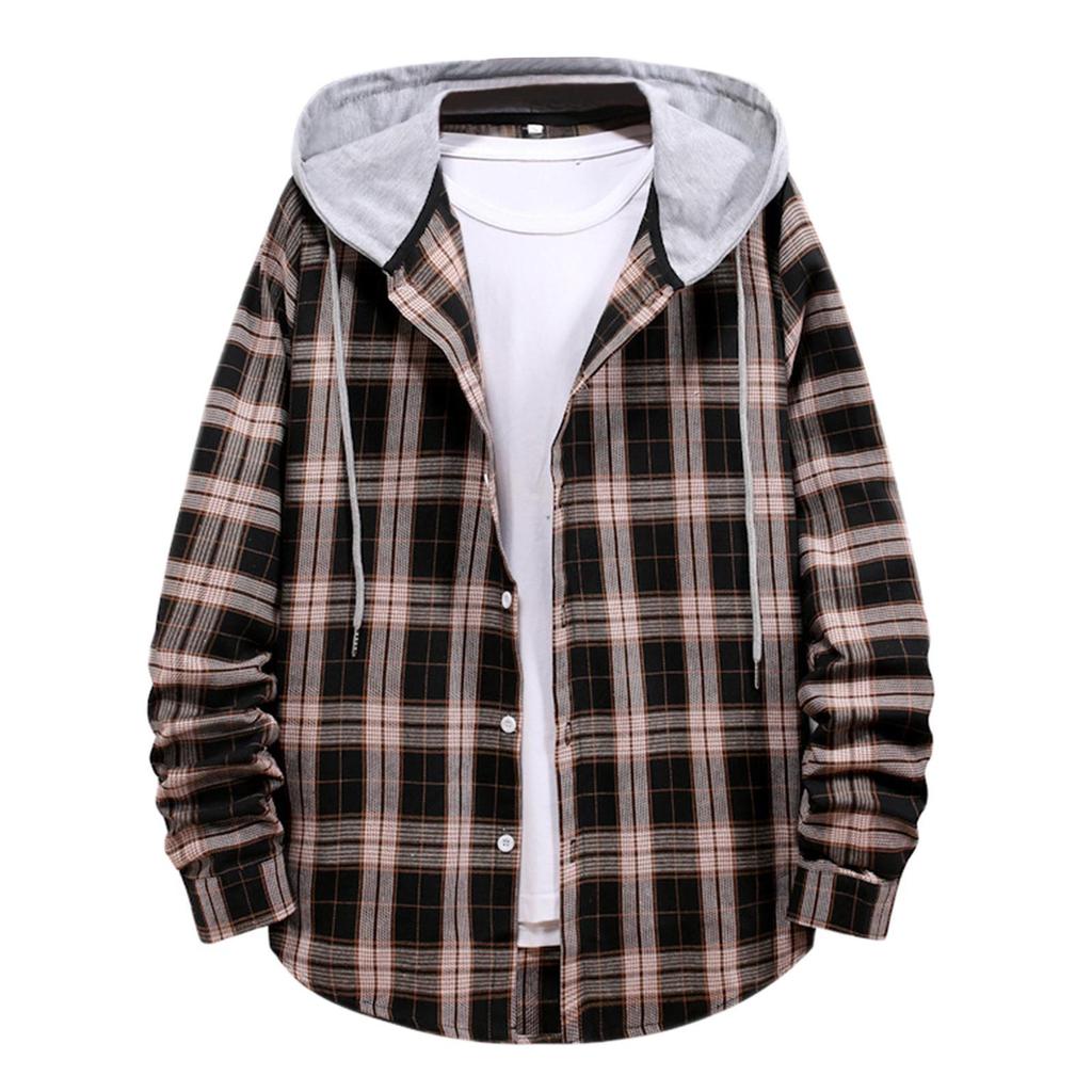 Men Casual Plaid Shirt Hooded Shirts Oversized Casual Shirt Men's Clothes European American Style Handsome Holiday Checked Shirt