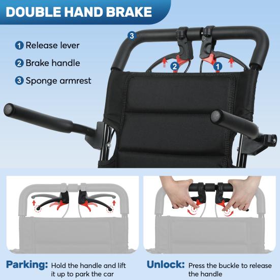 17.7 Inches Transport Wheelchair Lightweight Foldable Wheelchair Portable Aluminum Alloy Travel Wheelchair with Handlebar Brake Lever for Adults