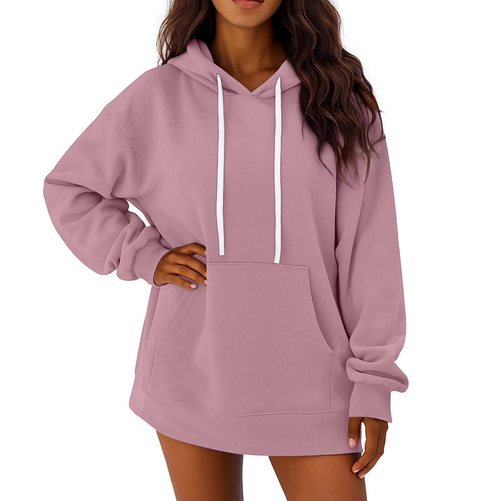 Women's Solid Color Long Sleeved Loose Casual Mid Length Pullover Hoodie Sweatshirt