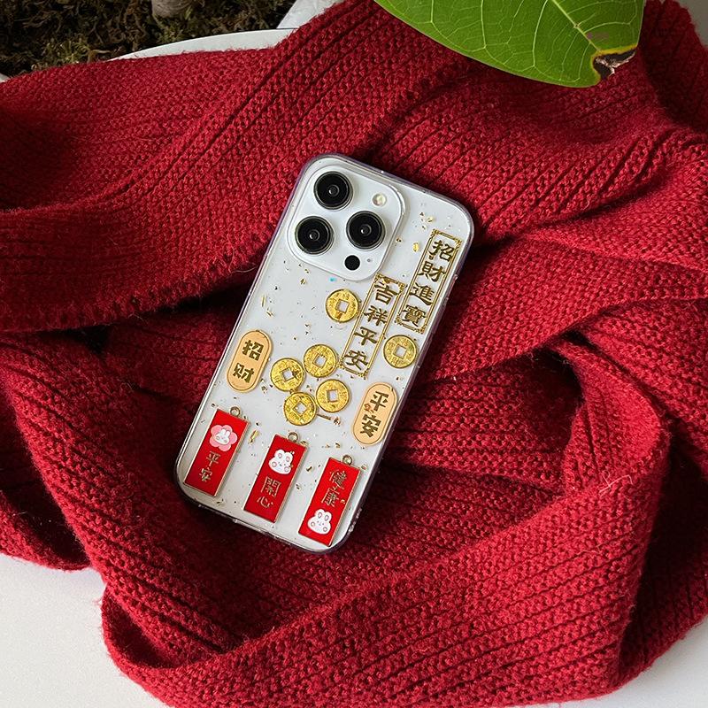 Applicable to Apple 16promax mobile phone case, Epoxy gold foil iPhone15 God of Wealth 14 Shunfeng 13 Shunshui 12 Transparent
