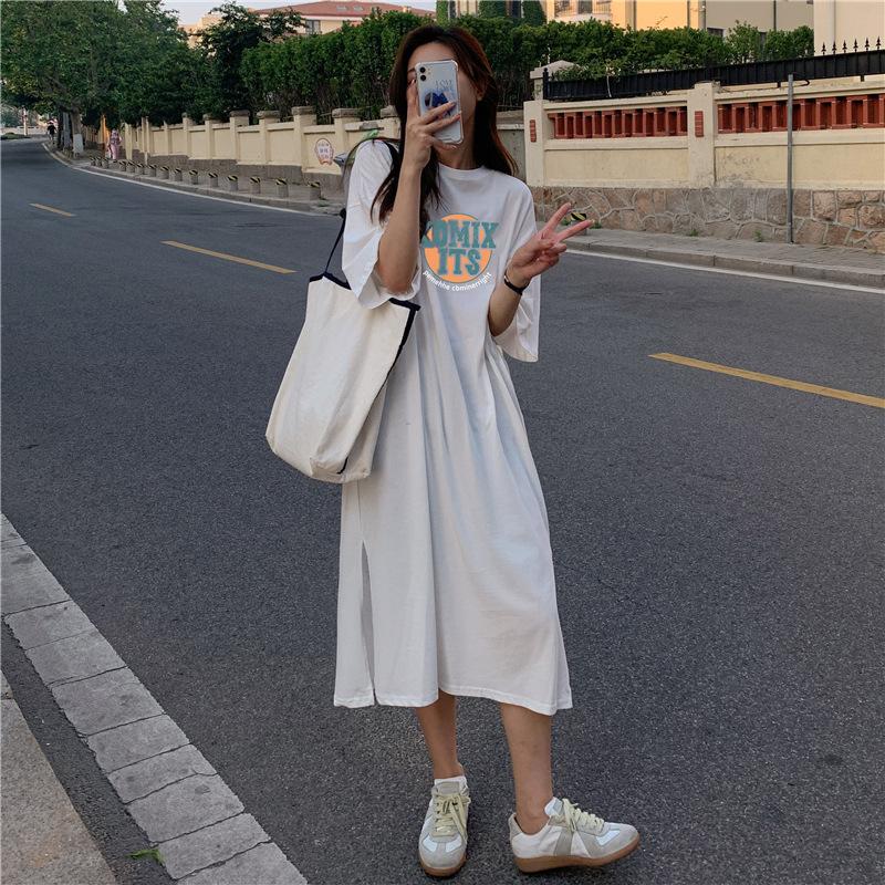 Cotton Summer New Korean Loose Letter Printing Student Slit Short Sleeve Mid-length Dress for Women