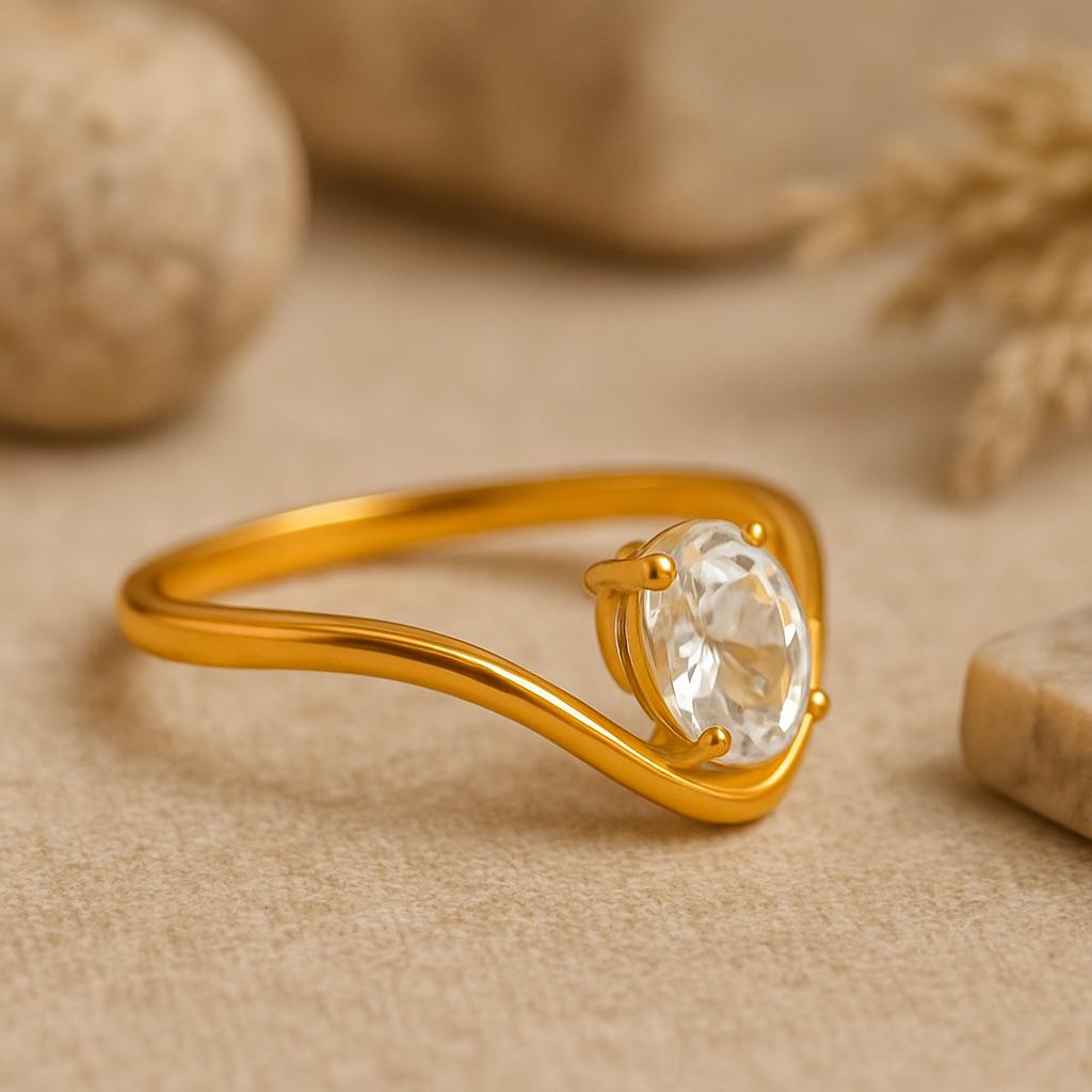 Anel de Noivado Corte Oval, Aro Banhado a Ouro Amarelo com Design de Onda, Joia Nupcial Moderna, Anel de Promessa para Ela