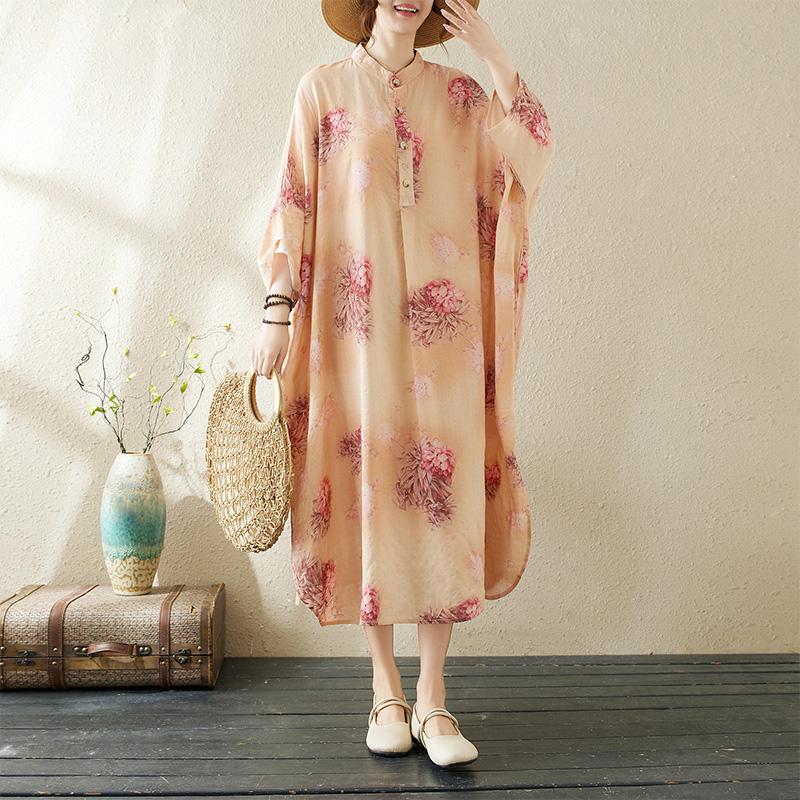 

DIMANAF 2024 Plus Size Summer Women Bohemian Basic Style Beach Dress O-Neck Loose Vintage Long Dresses New One Size
