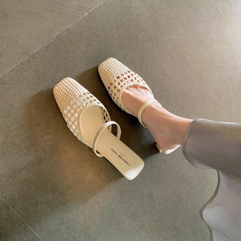 Shoes retro woven hollow thick heel cool slippers women's half drag summer