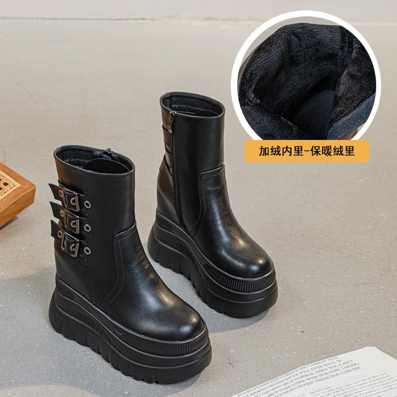 Super high heel thick-soled medium tube women's leather boots, new solid color belt buckle in autumn and winter 2025, heightening short boots tide