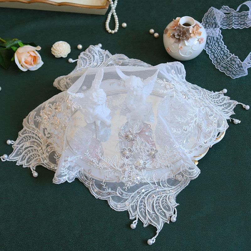 European Square Lace Sequins Embroidered Bead Pendant Premium Placemat Coaster Food Snack Bedroom Balcony Coffee Party Dining Table Pad