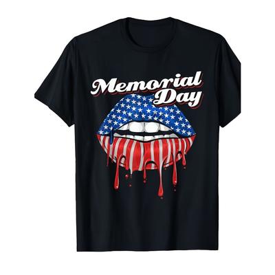 Memorial Day Patriotic T-Shirt - American Flag Lips Graphic - Soft Breathable Cotton Tee - Memorial Day & Father's Day Gifts -