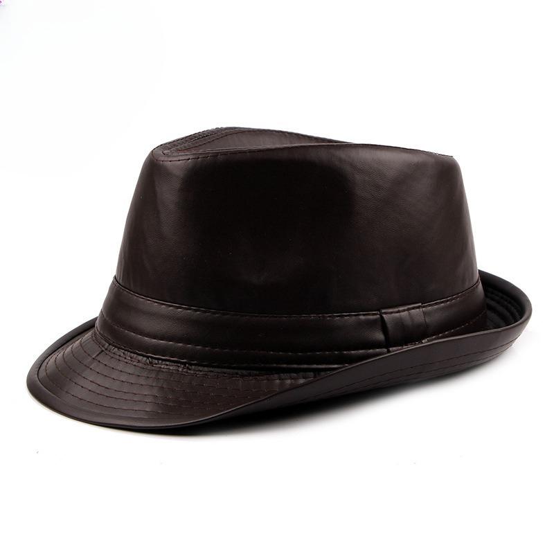 Vintage PU Leather Fedora Hat for Men Women Retro Jazz Trilby Cap British Style Curved Brim Autumn Winter Warm Gangster Hat