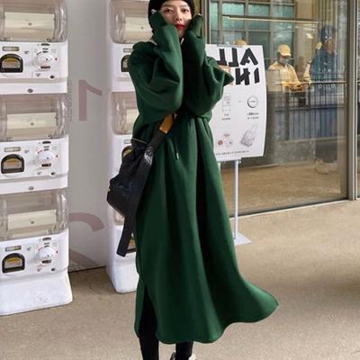 Women's Autumn and Winter Loose Padded Warm Long Dress Spring Green Casual Hooded Dresses
