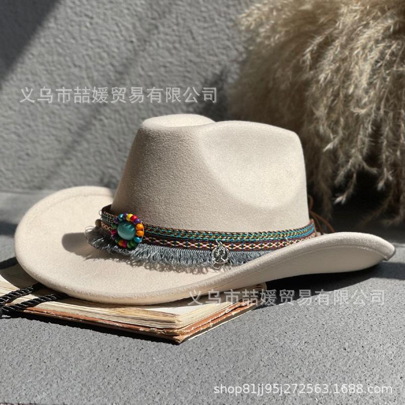 Big eaves western cowboy hat children's men's autumn and winter leisure, retro woolen women's Tibetan feather jazz hat