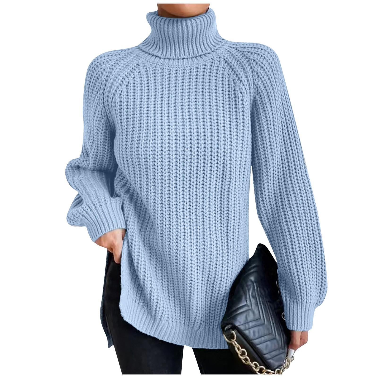 

Женский повседневный однотонный тонкий вязаный свитер с высоким воротом и длинным рукавом S светло-синий