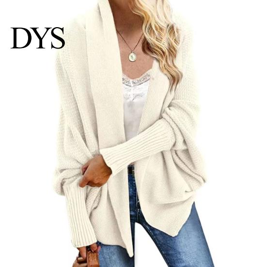 Women Cardigan Coat Collarless Batwing Long Sleeve Open Front Knitting Layering Jacket Elastic Cuffs Solid Color Loose Fit Knitted