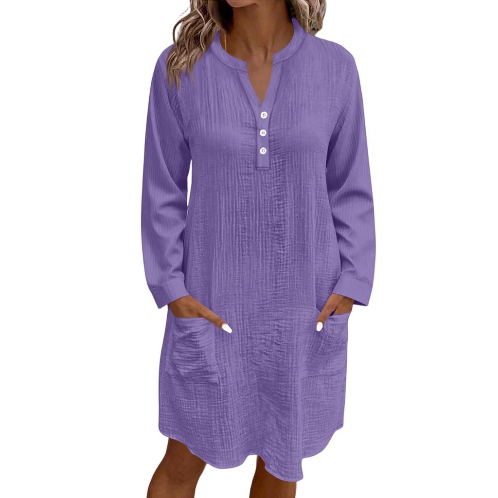 Women's Casual Solid Color Loose V-Neck Button Long Sleeve Beach Dress With Pockets