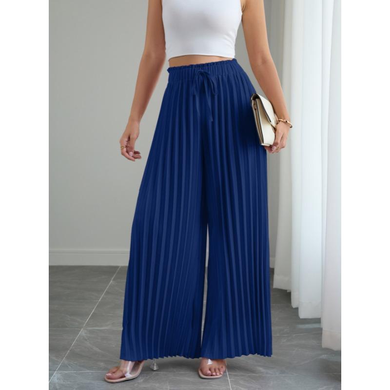 Fashion Loose Pleated Women's Long Pants Solid Color New Folded Elastic Waist Strap Loose Wide Leg Pants Casual Drawstring Trousers