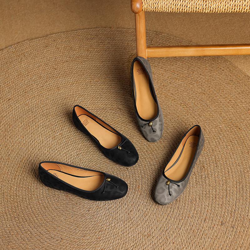 Krazing Pot Cow Skin Summer Spring Autumn Winter Flats Slip on Leopard Women Keep Warm Round Toe Bowtie Shallow Shoes