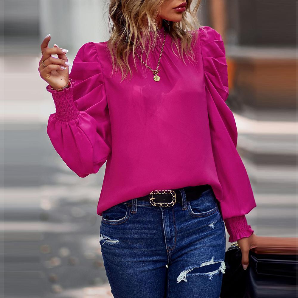 Camisa feminina de manga bufante My Wardrobe Authorization, cor sólida, top casual