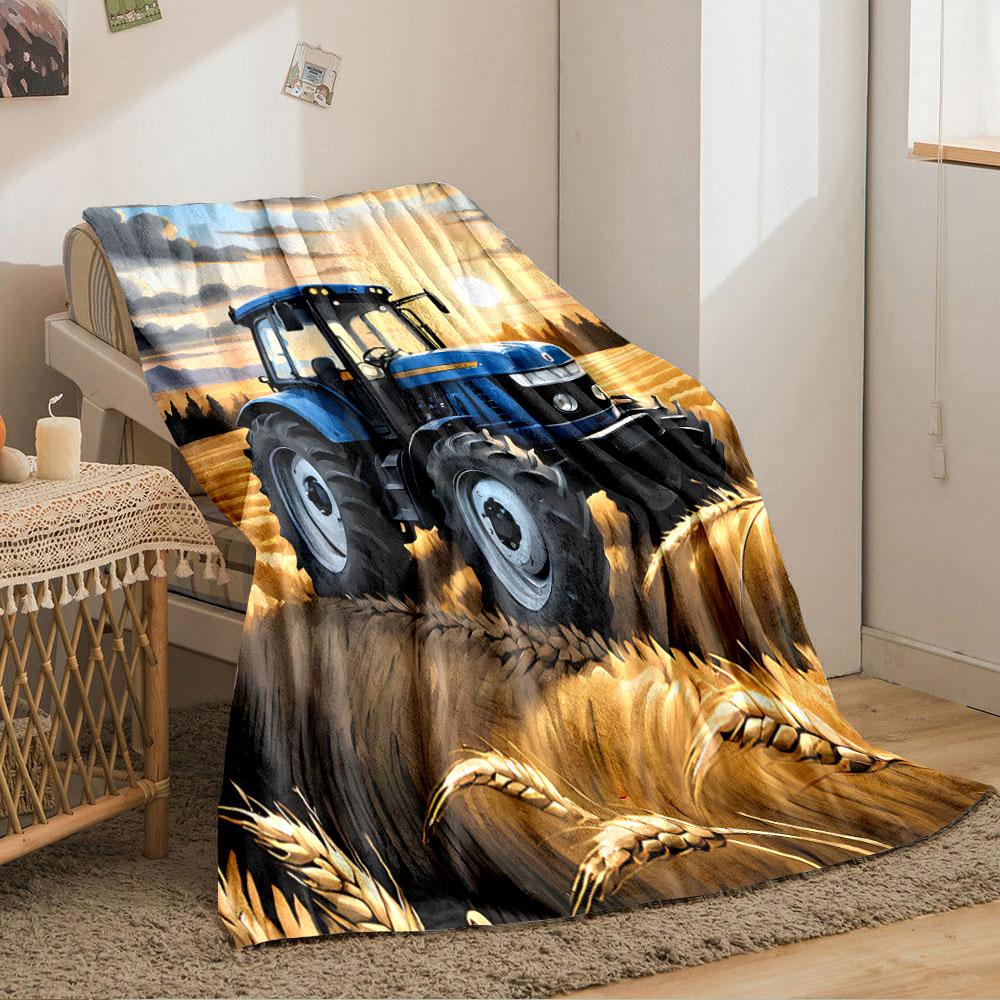 Blue Tractor in Wheat Field for all seasons blanket lunch break throw gift