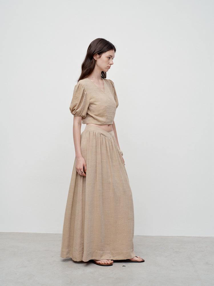 French Puff Sleeve Tie-Up Shirt - Women's V-Neck Summer Design, No Returns